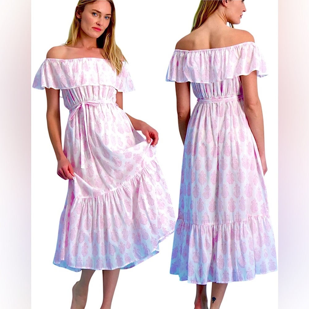 MER ST. BARTH Benotie Off Shoulder Belted Midi-Dress - Pink Paisley- NWT Size L